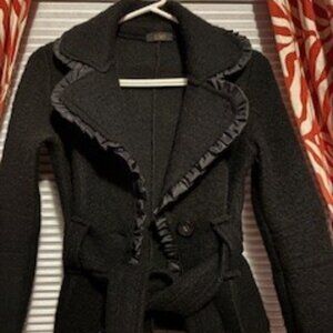 Black Wool Cardigan with One Button Closure with wrap Belt, Size Small